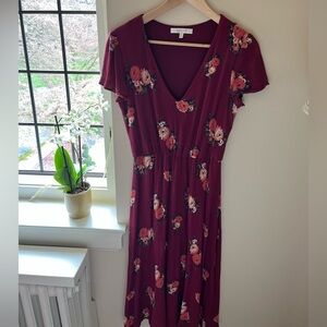 Wayf Floral Midi Burgundy Dress, size medium